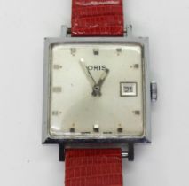 A VINTAGE ORIS WATCH with a square chromed dial diameter 2.7cm, square dot numerals, blunt shaped