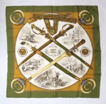 HERMES; A SILK SCARF  'Armes de Chasse' designed by Phillipe Ledoux, 1970, with original box and