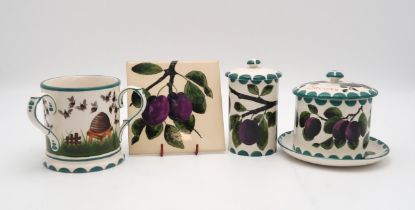 A COLLECTION OF GRISELDA HILL PLUM PAINTED POTTERY including a biscuit jar and cover, 11.5cm, a tall