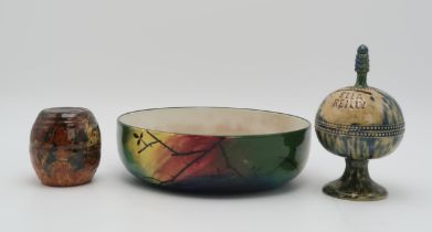 A JAZZY WEMYSS BOWL 24.5cm diameter, together with two Scottish pottery money banks, one modelled as
