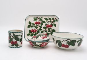 A COLLECTION OF WEMYSS CHERRY PAINTED POTTERY including a bowl, 19.5cm, a rectangular tray, 26cm