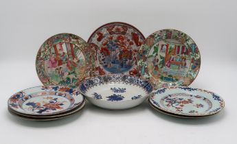 EIGHT CHINESE EXPORT PLATES AND A BOWL Comprising;A shallow blue and white bowl, 24.5cm diameter,six