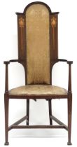 A LATE VICTORIAN MAHOGANY AND SATINWOOD INLAID ART NOUVEAU HIGH BACKED CHAIR  high arched back