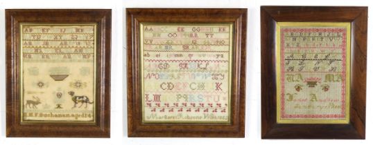 THREE VICTORIAN NEEDLEWORK SAMPLERS Respectively, by Janet Andrew, dated January 18th 1880, housed