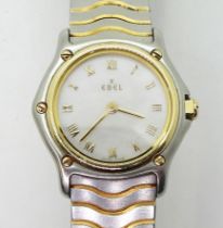 A LADIES EBEL WRISTWATCH stainless steel and 18ct gold, with a mother of pearl dial, gold coloured