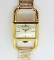 A LADIES RETRO JAEGER LE COULTRE WATCH the case is 18ct gold with Swiss hallmarks, and oversized 'D'