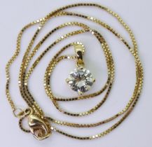 A DIAMOND SOLITAIRE PENDANT  mounted in 18ct gold mount and on a 18ct gold box chain 45cm, the