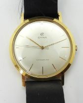 AN 18CT GOLD CYMA WRISTWATCH the silvered dial branded Cyma Cymaflex, with gold coloured baton