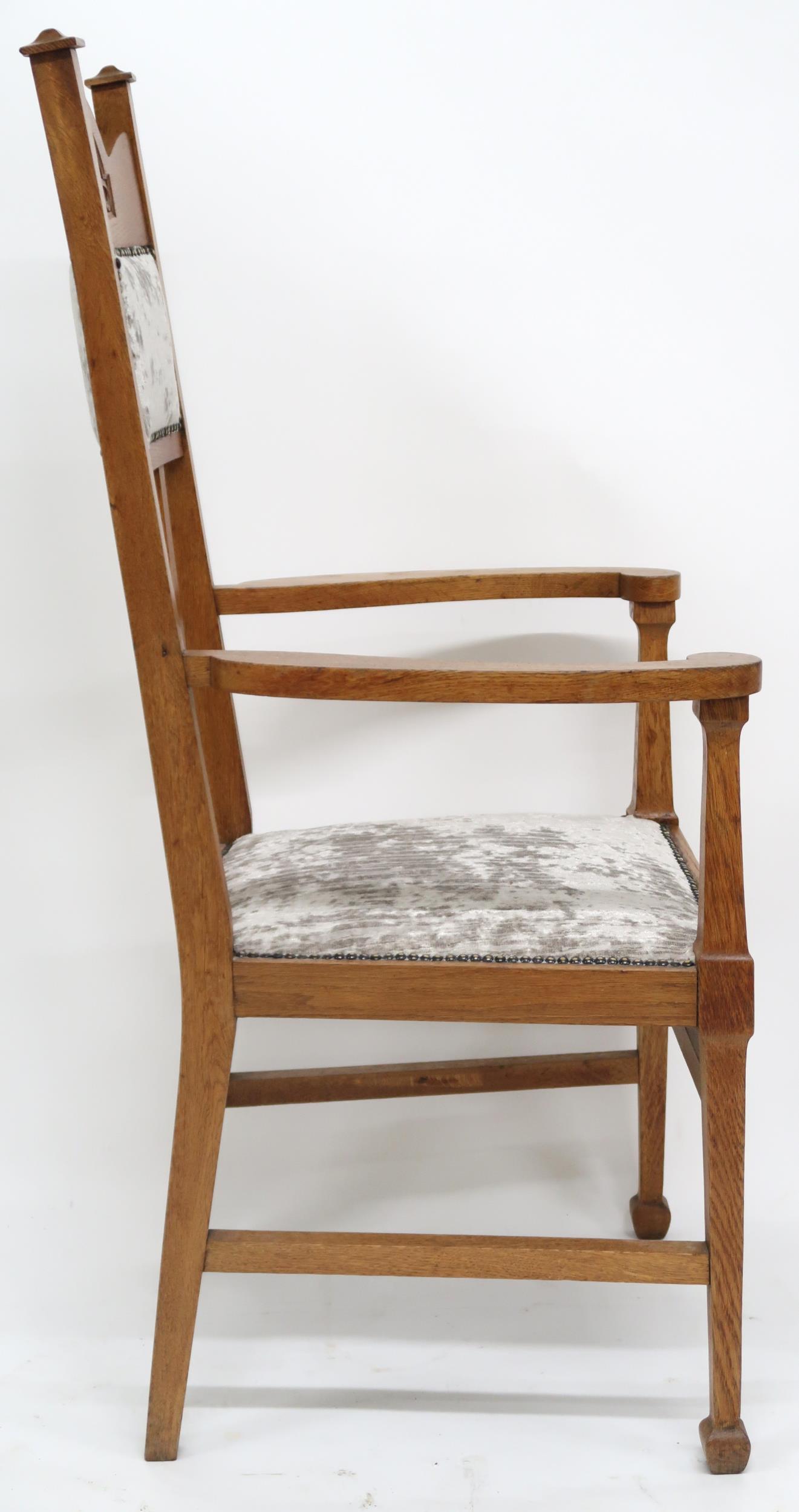 A PAIR OF LATE VICTORIAN OAK ARTS & CRAFTS OPEN ARMCHAIRS  with grey velvet upholstery on backrest - Image 5 of 6