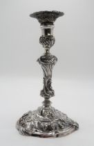 A GEORGE II CAST SILVER CANDLESTICK  maker's mark E?.S, London 1748, with a knopped baluster stem,