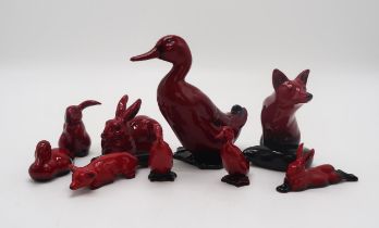 A GROUP OF ROYAL DOULTON FLAMBE ANIMALS AND BIRDS including a duck 16cm tall, three smaller