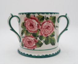 A LARGE WEMYSS TYG painted with cabbage roses within a green scalloped border, impressed mark and