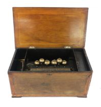 A 19th CENTURY CONTINENTAL CYLINDER MUSIC BOX The hinged lid crossbanded in rosewood and with floral