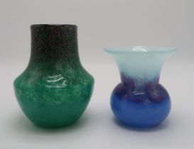 A MONART BLUE AND PURPLE SWIRL VASE with copper aventurine, 15cm high, together with another