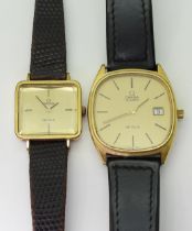 TWO GOLD PLATED OMEGA DE VILLES the gents Omega Quartz De Ville watch has a rounded square case,