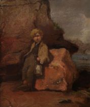 JOHN CAIRNS (SCOTTISH D.1867) A LIMPET GATHERER, AUCHMITHIE Oil on board, signed inscribed and dated