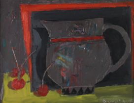 DAVID MCLEOD MARTIN RSW RGI SSA (SCOTTISH 1922-2018) JUG AND THREE CHERRIES (1999)  Oil on board,