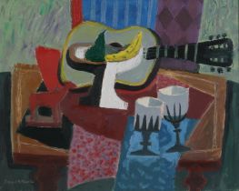 DAVID MCLEOD MARTIN RSW RGI SSA (SCOTTISH 1922-2018)  FRUIT, GUITAR AND WINE GLASSES  Oil on canvas,