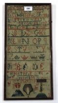 An 18th century needlework sampler, apparently dated 1747 and initialled "CPW", framed under glass