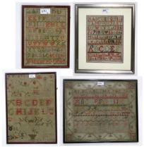 Four 19th century needlework samplers, to include an example executed by Elizabeth McK. M., aged 11,