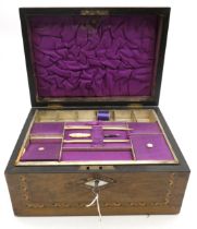 A Victorian walnut sewing box, with Tunbridge-style geometric inlay, the interior lined in purple