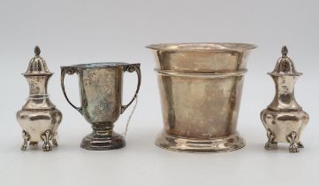 A silver bucket, by William Comyns, London 1904, a pair of silver casters, by Duncan & Scobie,