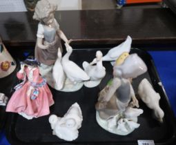 A Royal Winton toadstool and pixie sugar caster, a Doulton lady and assorted Lladro and Nao