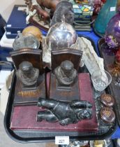 A  pair of Shakespeare bust bookends, a pair of inkwells with Art Nouveau design lids, a