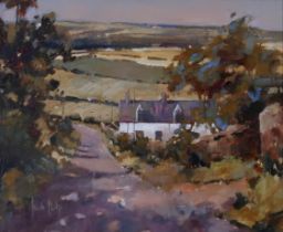 KATE PHILIP (SCOTTISH SCHOOL)  SUMMER COTTAGES, COLDINGHAM  Acrylic in canvas board, signed lower