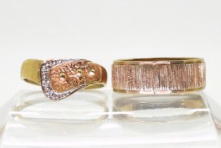 A 9ct gold retro bark textured wedding ring, size T1/2, together with a 9ct gold buckle shaped