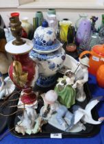 A porcelain lamp base, assorted figures including Lladro and Doulton etc Condition Report:No