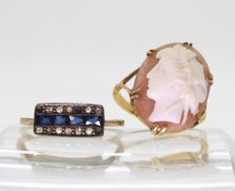 A 9ct gold well carved shell cameo ring, finger size L, together with a 9ct and silver gem set ring,