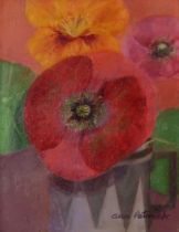 ANN PATRICK (SCOTTISH b.1937)  NASTURTIUM AND POPPIES  Oil on board, signed lower right, 17 x