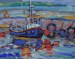 SALLY CARLAW (SCOTTISH CONTEMPORARY)  BLUE BOAT, RED BUOYS  Gouache, 33 x 42cm  Title inscribed to