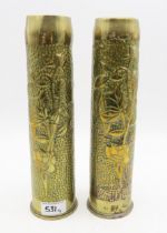 A pair of WW1 trench art brass artillery shells, one dated 1917, the other indistinct, each