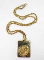 A 1913 full gold sovereign in a 9ct gold pendant mount with a 9ct gold belcher chain. Weight