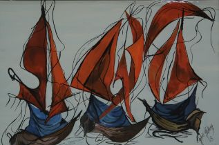 DOUGLAS ERSKINE (SCOTTISH CONTEMPORARY)  RED BOATS  Mixed media, signed lower right, dated (19)68,