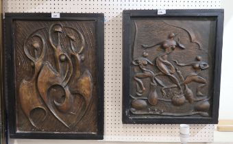 A pair of Pakistani bronzed plaster plaques depicting whirling dervishes Condition Report:No