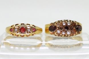 An 18ct gold red gem and diamond accent ring, size N, together with a bright yellow metal ring set