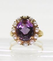 A 9ct gold amethyst and pearl cluster ring, finger size P1/2, weight 4.5gms Condition Report: