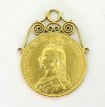 An 1887 gold double sovereign with soldered on fancy bright yellow metal pendant mount, weight 17.