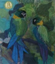 MARGARET ROBERTS (CONTEMPORARY SCHOOL)  MACAWS  Embroidery, 34 x 28cm  Titled and signed verso