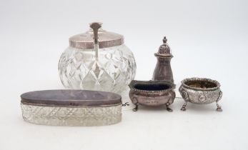 A collection of silver including a silver-topped cut glass sugar preserve pot & spoon, by Cooper
