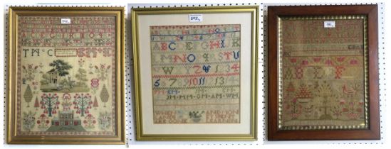 Three 19th century needlework samplers, one largest executed by Jemima McCall, aged 10, June 30