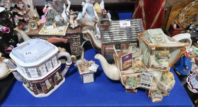 Four Novelty teapots including Liliput Lane, The Queen Vic, Rovers Return and Farmhouse Fireplace