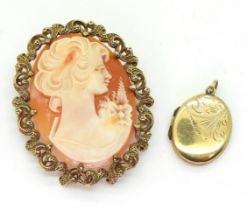A 9ct gold shell cameo of a maiden in a decorative pendant brooch mount, dimensions 5cm x 4cm,