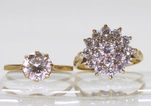 A 9ct gold cz cluster ring, size S1/2, together with a cz solitaire ring, size P, weight 6.7gms