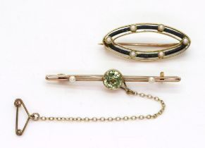A 15ct gold black enamel and pearl brooch together with a 15ct gold green gem and pearl brooch,