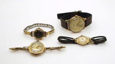 A 9ct gold vintage ladies The Angus watch, a gents 9ct gold Trebex watch and two other ladies