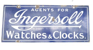 A double-sided enamel advertising sign: Agents for Ingersoll Watches & Clocks, measuring approx.